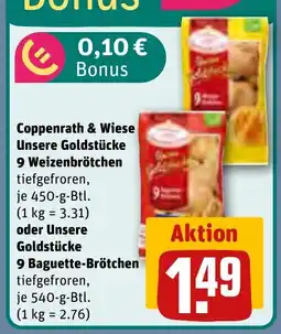 REWE DE Coppenrath & Wiese Unsere Goldstücke 9 Weizenbrötchen , oder Unsere Goldstücke 9 Baguette-Brötchen tilbud