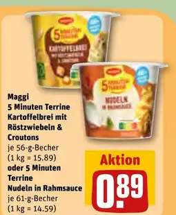 REWE DE Maggi 5 Minuten Terrine Kartoffelbrei mit Röstzwiebeln & Croutons, Oder 5 minuten terrine nudeln in rahmsauce tilbud