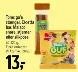 Føtex Toms go'e stænger, Cloetta bar, Malaco snøre, stjerner eller slikpose tilbud