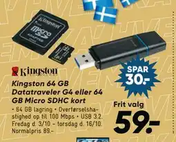 Bilka Kingston 64 GB Datatraveler G4 eller 64 GB Micro SDHC kort, DKK 59 tilbud