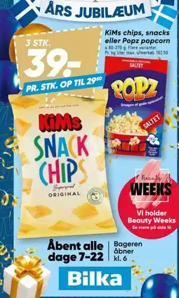 Bilka KiMs chips, snacks eller Popz popcorn, DKK 39 tilbud