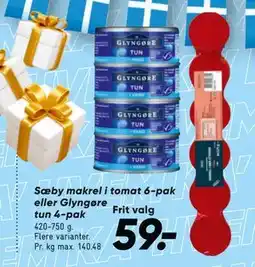 Bilka Sæby makrel i tomat 6-pak eller Glyngøre tun 4-pak, DKK 59 tilbud