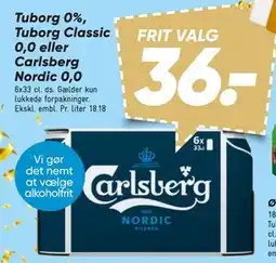 Bilka Tuborg 0%, Tuborg Classic 0,0 eller Carlsberg Nordic 0,0, DKK 36 tilbud