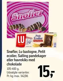 Føtex Snøfler, Lu bastogne, Petit ecolier, Salling pandekager eller havrekiks med chokolade, DKK 15 tilbud