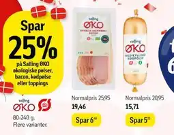 Føtex Spar 25%. på Salling ØKO økologiske pølser, bacon, kødpølse eller toppings tilbud