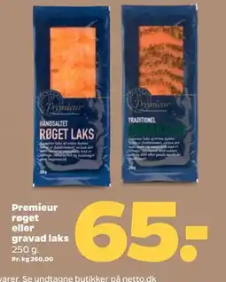 Netto Premieur røget eller gravad laks, DKK 65 tilbud