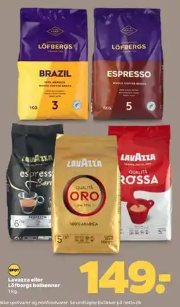 Netto Lavazza eller Löfbergs helbønner, DKK 149 tilbud