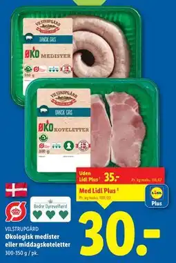 Lidl Økologisk medister eller middagskoteletter, DKK 35, App-pris tilbud