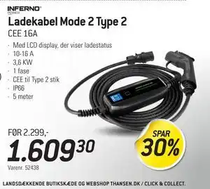 Thansen Ladekabel Mode 2 Type 2, DKK 1609.3 tilbud