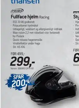 Thansen Fullface hjelm, DKK 299 tilbud