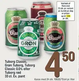 REMA 1000 Tuborg Classic, Grøn Tuborg, Tuborg Classic 0.0% eller Tuborg rød 33 cl. Ex. pant, DKK 4.5 tilbud