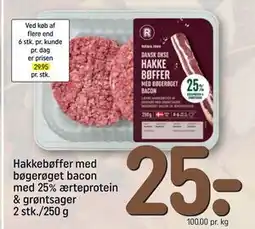 REMA 1000 Hakkebøffer med bøgerøget bacon med 25% ærteprotein & grøntsager 2 stk./250 g, DKK 25 tilbud