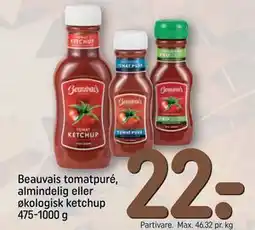 REMA 1000 Beauvais tomatpuré, almindelig eller økologisk ketchup 475-1000 g, DKK 22 tilbud