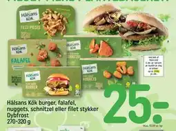 REMA 1000 Hälsans Kök burger, falafel, nuggets, schnitzel eller filet stykker Dybfrost 270-320 g, DKK 25 tilbud
