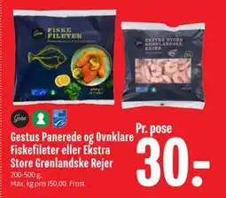 Min Købmand Gestus Panerede og Ovnklare Fiskefileter eller Ekstra Store Grønlandske Rejer, DKK 30 tilbud