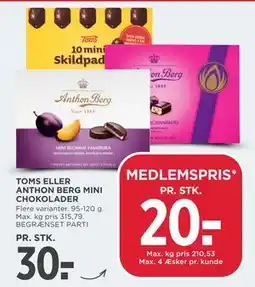 MENY TOMS ELLER ANTHON BERG MINI CHOKOLADER, App-pris tilbud