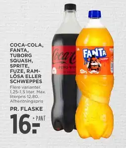 MENY COCA-COLA, FANTA, TUBORG SQUASH, SPRITE, FUZE, RAMLÖSA ELLER SCHWEPPES, DKK 16 tilbud
