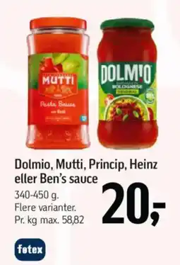 Føtex Dolmio, Mutti, Princip, Heinz eller Ben's sauce tilbud