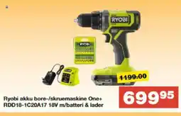 Bauhaus Ryobi akku bore-/skruemaskine One+ RDD18-1C20A17 18V m/batteri & lader tilbud