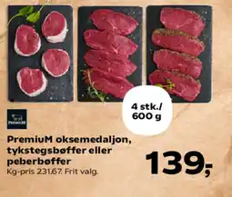 Kvickly Premium oksemedaljon, tykstegsbøffer eller peberbøffer tilbud