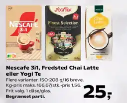 Kvickly Nescafe 3i1, Fredsted Chai Latte eller Yogi Te tilbud