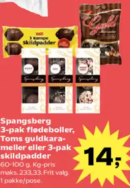 Kvickly Spangsberg 3-pak flødeboller, Toms guldkara- meller eller 3-pak skildpadder tilbud