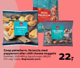 SuperBrugsen Coop pølsehorn, focaccia med pepperoni eller chili cheese nuggets tilbud