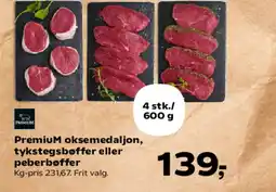 SuperBrugsen Premium oksemedaljon, tykstegsbøffer eller peberbøffer tilbud