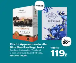 SuperBrugsen Piccini Appassimento eller Blue Nun Riesling i boks tilbud