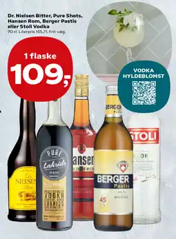 SuperBrugsen Dr. Nielsen Bitter, Pure Shots, Hansen Rom, Berger Pastis eller Stoli Vodka tilbud