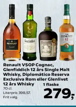 SuperBrugsen Renault VSOP Cognac, Glenfiddich 12 års Single Malt Whisky, Diplomático Reserva Exclusiva Rom eller Glenlivet 12 års Whisky tilbud