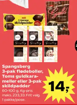 SuperBrugsen Spangsberg 3-pak flødeboller, Toms guldkara- meller eller 3-pak skildpadder tilbud