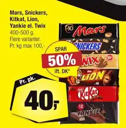 Calle Mars, Snickers, Kitkat, Lion, Yankie el. Twix, DKK 40 tilbud