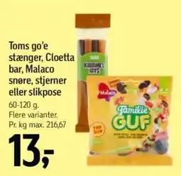 Føtex Toms go'e stænger, Cloetta bar, Malaco snøre, stjerner eller slikpose tilbud