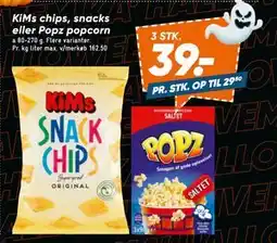 Bilka KiMs chips, snacks eller Popz popcorn, DKK 39 tilbud