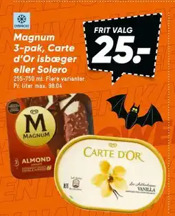 Bilka Magnum 3-pak, Carte d’Or isbæger eller Solero, DKK 25 tilbud