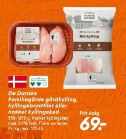 Bilka De Danske Familiegårde gårdkylling, kyllingebrystfilet eller hakket kyllingekød, DKK 69 tilbud