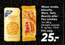 Bilka Wasa runda, biscuits, Mars, Twix, Bounty eller Fox cookies, DKK 25 tilbud