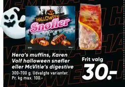 Bilka Hera’s muffins, Karen Volf halloween snøfler eller McVitie’s digestive, DKK 30 tilbud