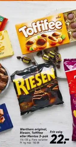 Bilka Werthers original, Riesen, Toffifee eller Mentos 3-pak, DKK 22 tilbud