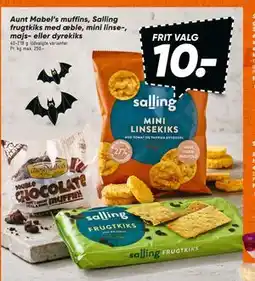 Bilka Aunt Mabel’s muffins, Salling frugtkiks med æble, mini linse-, majs- eller dyrekiks, DKK 10 tilbud