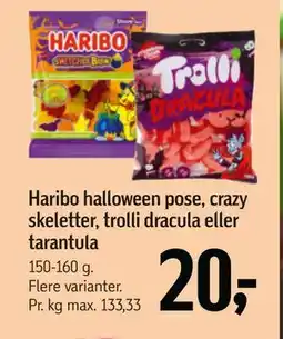 Føtex Haribo halloween pose, crazy skeletter, trolli dracula eller tarantula, DKK 20 tilbud