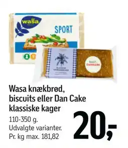 Føtex Wasa knækbrød, biscuits eller Dan Cake klassiske kager, DKK 20 tilbud