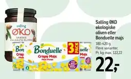 Føtex Salling ØKO økologiske oliven eller Bonduelle majs, DKK 22 tilbud