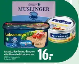 Føtex Amanda, Bornholms, Glyngøre eller Munkebo fiskekonserves, DKK 16 tilbud
