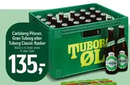 Føtex Carlsberg Pilsner, Grøn Tuborg eller Tuborg Classic flasker, DKK 135 tilbud