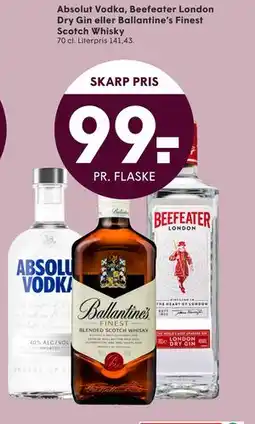 SPAR Absolut Vodka, Beefeater London Dry Gin eller Ballantine’s Finest Scotch Whisky, DKK 99 tilbud