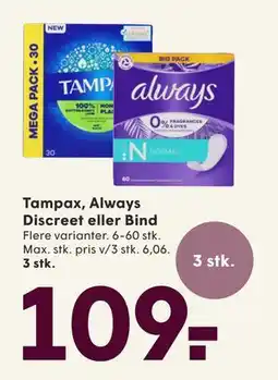 SPAR Tampax, Always Discreet eller Bind, DKK 109 tilbud