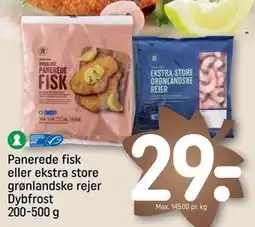 REMA 1000 Panerede fisk eller ekstra store grønlandske rejer Dybfrost 200-500 g, DKK 29 tilbud