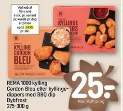 REMA 1000 REMA 1000 kylling Cordon Bleu eller kyllingedippers med BBQ dip Dybfrost 275-300 g, DKK 25 tilbud